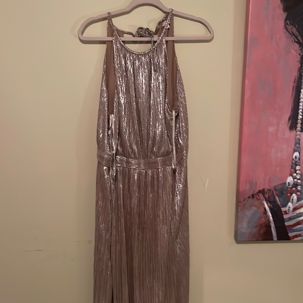 One shiny dress in US Large. With a beautiful tie up in back.